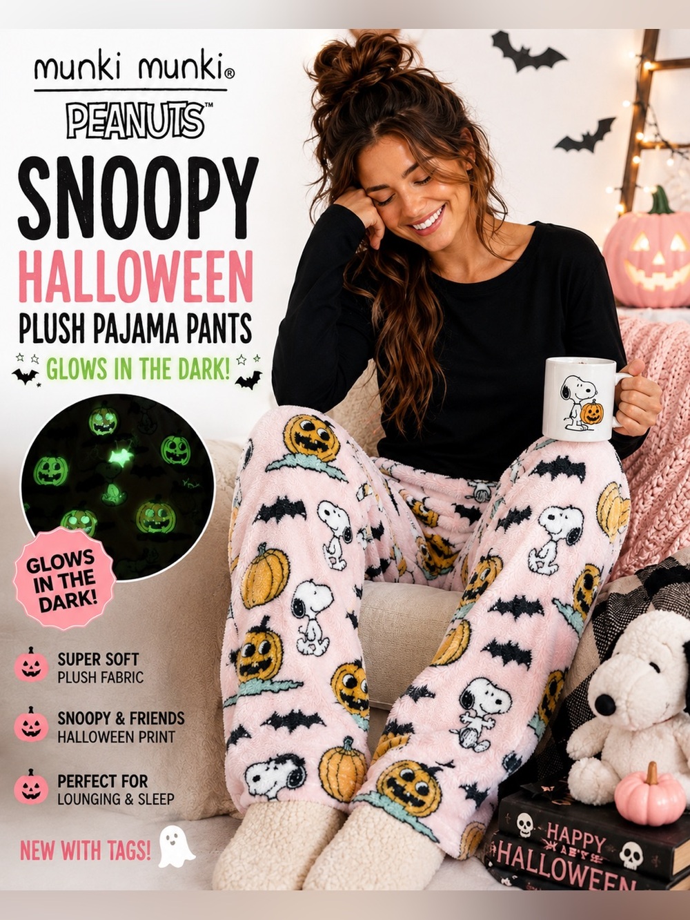Munki Munki Peanuts Snoopy Halloween Glow in the Dark Plush Pajama Pants NWT M